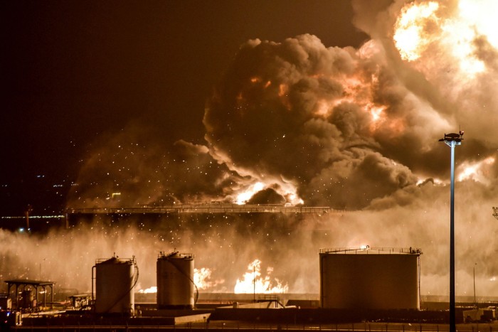 A Saudi Aramco oil facility in the Red Sea coastal city of Jeddah in flames after an attack in March