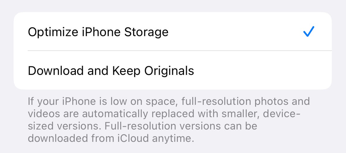 Optimize iPhone Storage setting